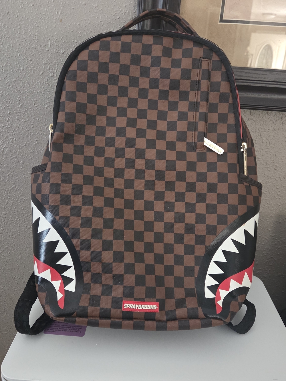 Sprayground Brown and Black Checkerboard Shark-Mouth Backpack